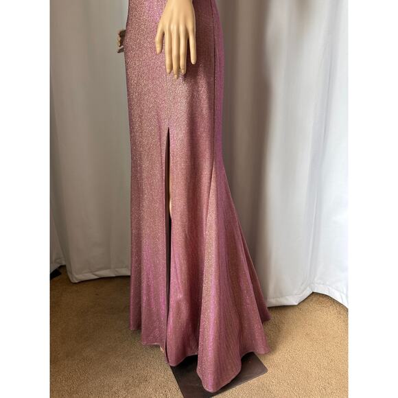 Faviana Sparkly Metallic Long Jersey Dress With Leg Slit pink 2 - Picture 9 of 16